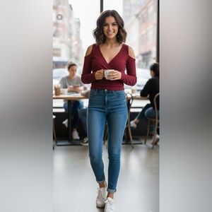 Rue 21  Womens Cold Shoulder Top Size Small Burgundy 3/4 Sleeve V-neck Blouse